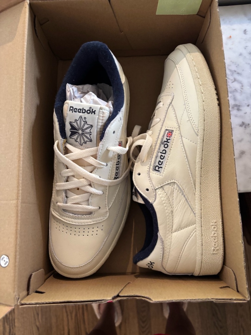 NEW IN BOX Reebok Men's Low-Top Leather Sneakers in Cream with Navy Accents